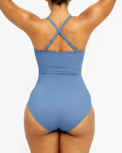 Smart Sculpt U-Ring Cut Out Shaping Swimsuit V-Neck Shiny Women Waist Ruching Backless Beach Resort Comfy One Piece Suits Bikini