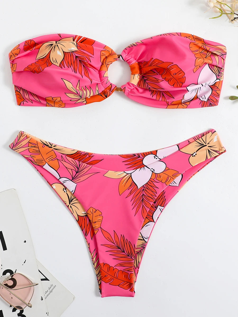 Sexy Floral Bikinis Bandeau Swimsuit for Woman 2025 Female Swimwear Women Thong Bikini Set Summer Swim Beach Wear Bathing Suits