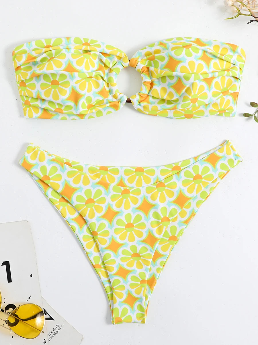 Sexy Floral Bikinis Bandeau Swimsuit for Woman 2025 Female Swimwear Women Thong Bikini Set Summer Swim Beach Wear Bathing Suits